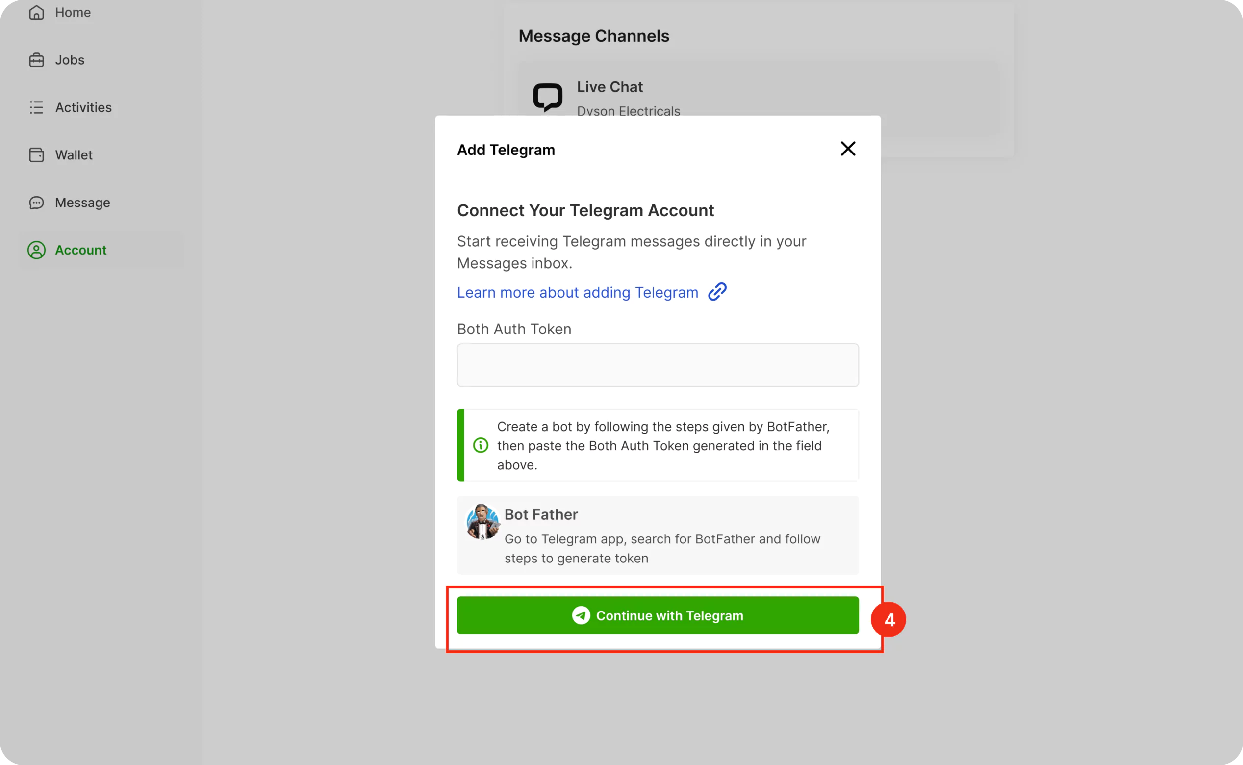 Setting up Telegram Inbox in Loggworks step 4